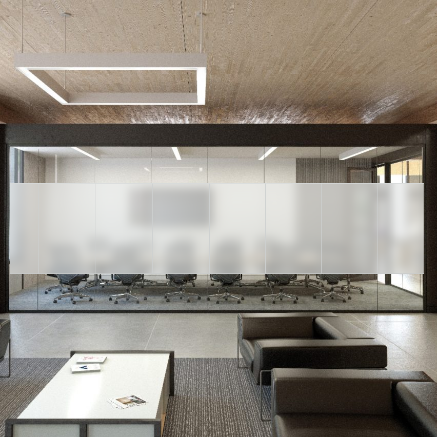 Sala de conferencias después de instalar vinil de privacidad esmerilado