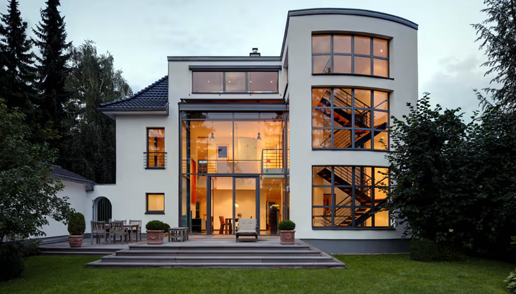 Casa moderna con amplios ventanales antes de aplicar la película solar